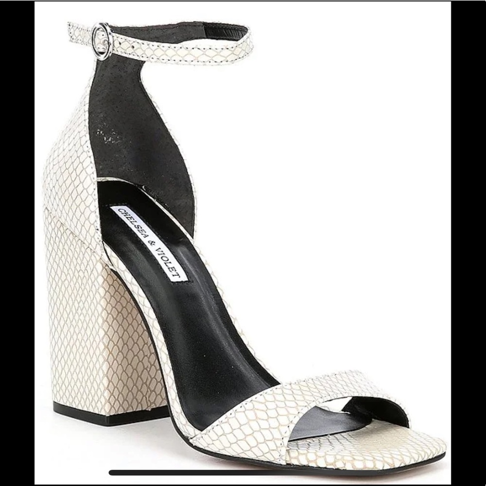 Chelsea & Violet, the Tara Snake Embossed Block Heel- white